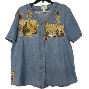 THE QUACKER FACTORY Vintage Cat Backyard Garden Embroidered Denim Shirt Size 1X